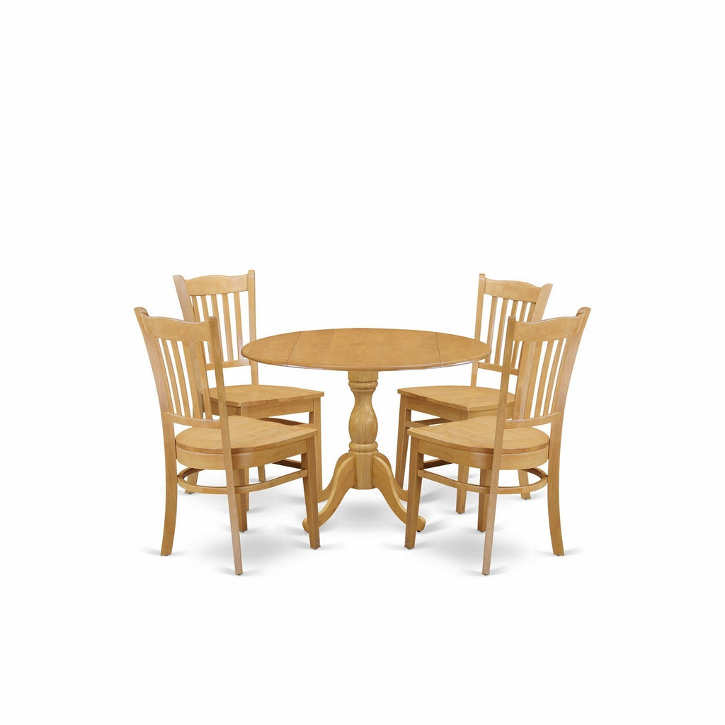 East West Furniture DMGR5-OAK-W 5 Piece Modern Dining Table Set Includes a Round Wooden Table with Dropleaf and 4 Dining Chairs