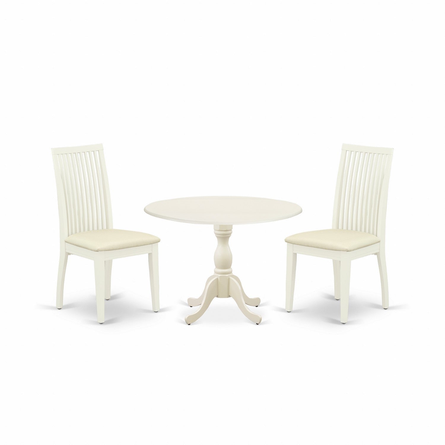East West Furniture DMIP3-LWH-C 3 Piece Dining Room Table Set Contains 1 Drop Leaves Dining Room Table and 2 linen white Dining Room Chairs with Slatted Back - linen white Finish