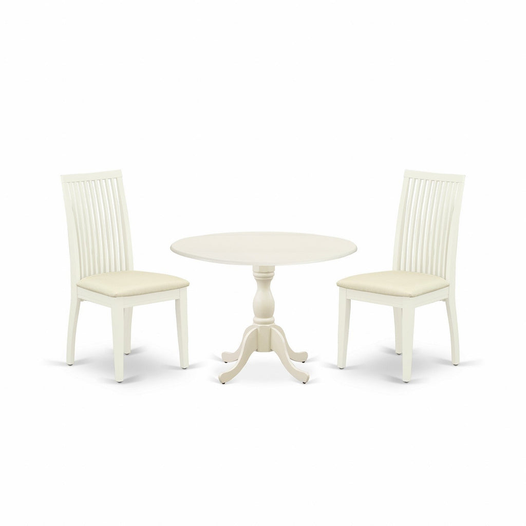 Juego de comedor de 3 piezas DMIP3-LWH-C de East West Furniture. Incluye una mesa de cocina redonda con alas abatibles y dos sillas de comedor tapizadas en tela de lino.