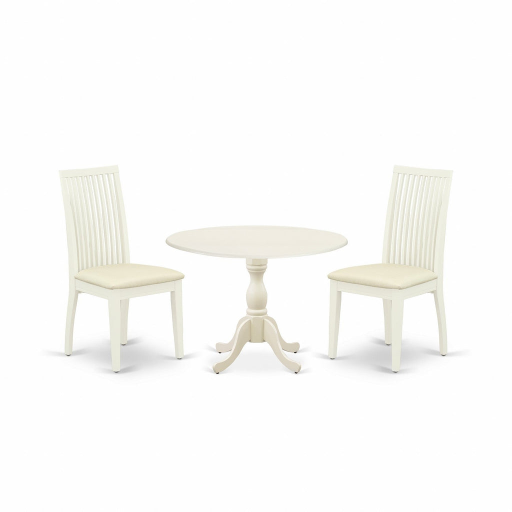 East West Furniture DMIP3-LWH-C 3 Piece Dining Room Furniture Set Contains a Round Kitchen Table with Dropleaf and 2 Linen Fabric Upholstered Dining Chairs, 42x42 Inch, Linen White