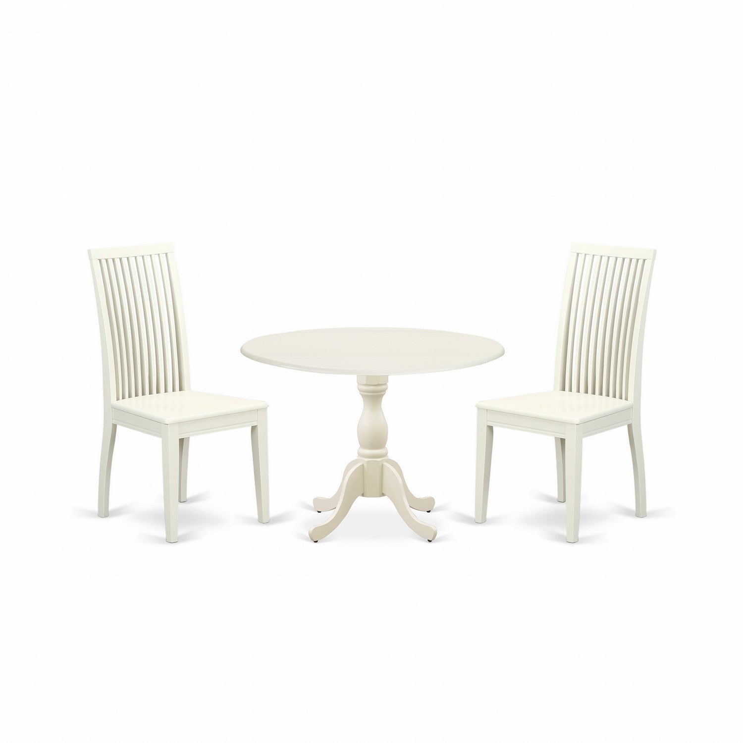 Juego de mesa y sillas de cocina de 3 piezas DMIP3-LWH-W de East West Furniture. Incluye una mesa de comedor redonda con alas abatibles y 2 sillas de comedor.