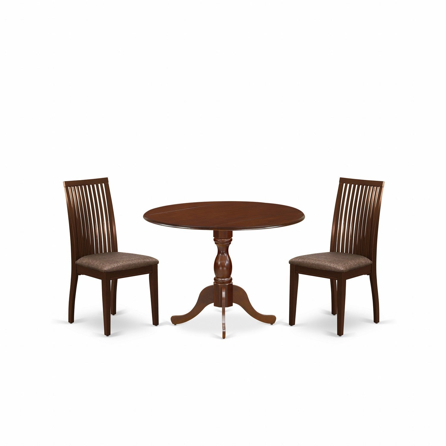 East West Furniture DMIP3-MAH-C 3 Piece Dining Room Table Set - Kitchen Table and 2 Mahogany Linen Fabric Dining Room Chairs with Slatted Back- Mahogany Finish