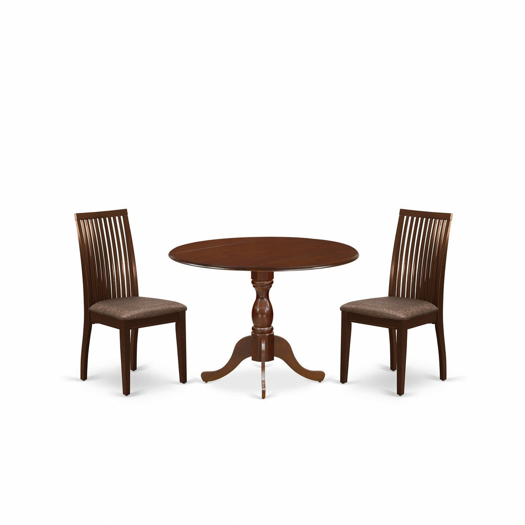 Juego de comedor de 3 piezas DMIP3-MAH-C de East West Furniture. Incluye una mesa de comedor redonda con alas abatibles y 2 sillas tapizadas en tela de lino.