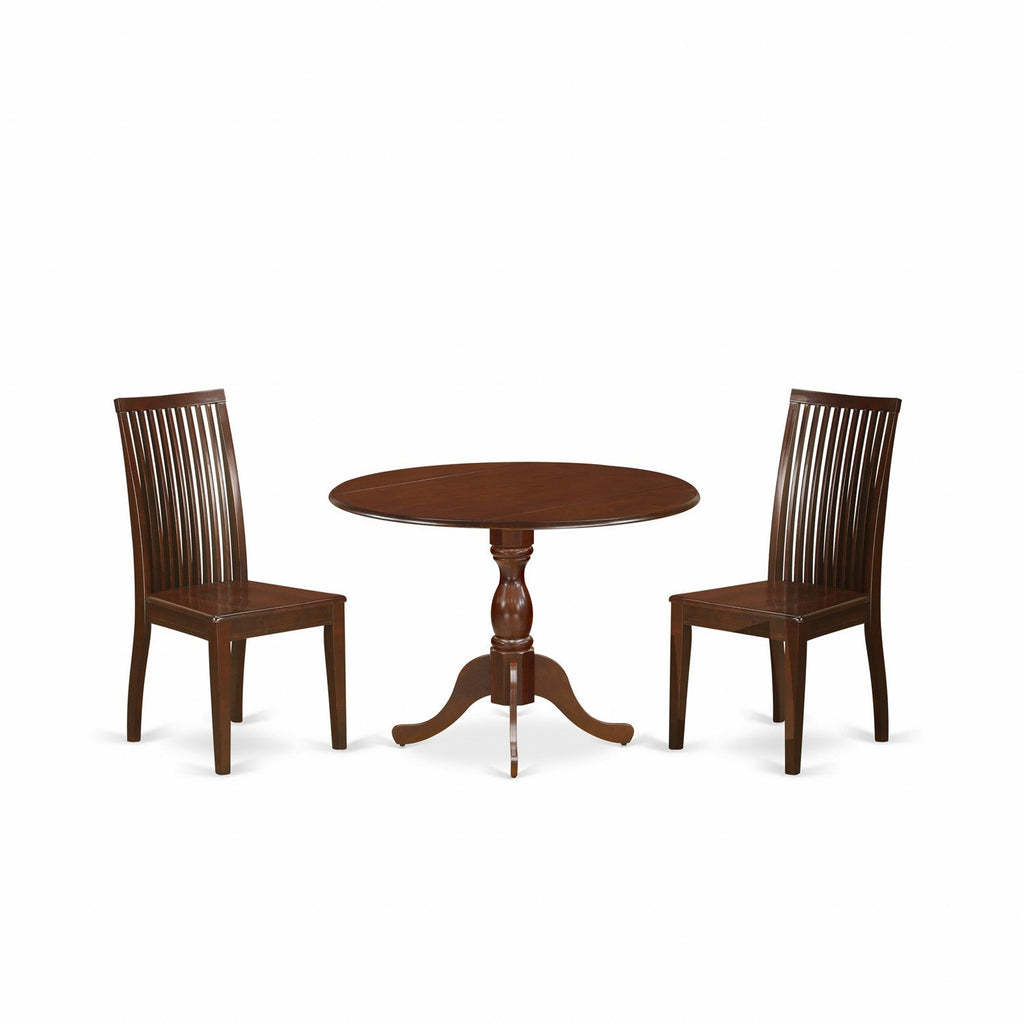 East West Furniture DMIP3-MAH-W 3 Piece Kitchen Table & Chairs Set Contains a Round Dining Room Table with Dropleaf and 2 Dining Chairs, 42x42 Inch, Mahogany