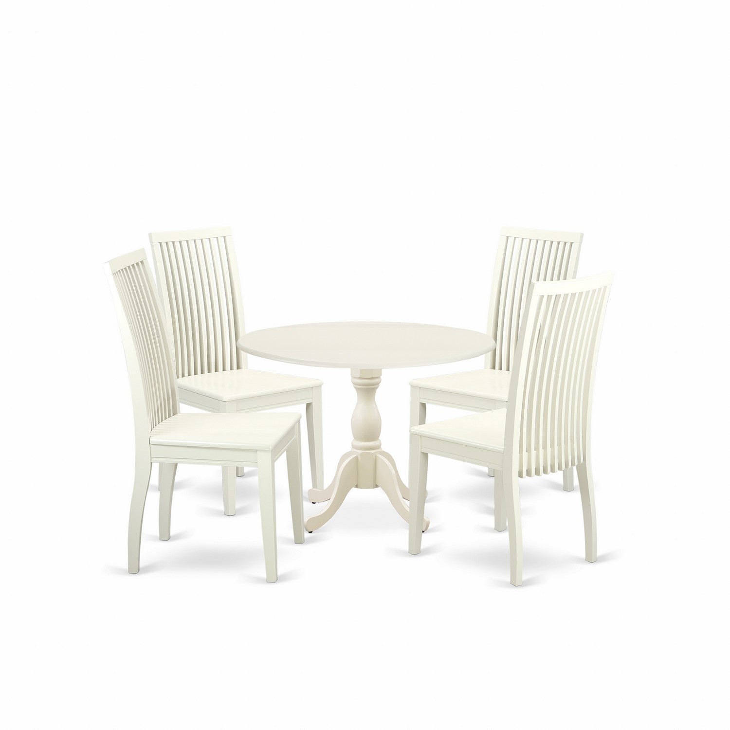 East West Furniture DMIP5-LWH-W 5 Piece Kitchen Table Set Contains 1 Drop Leaves Dining Room Table and 4 linen white Kitchen Chair with Slatted Back - linen white Finish