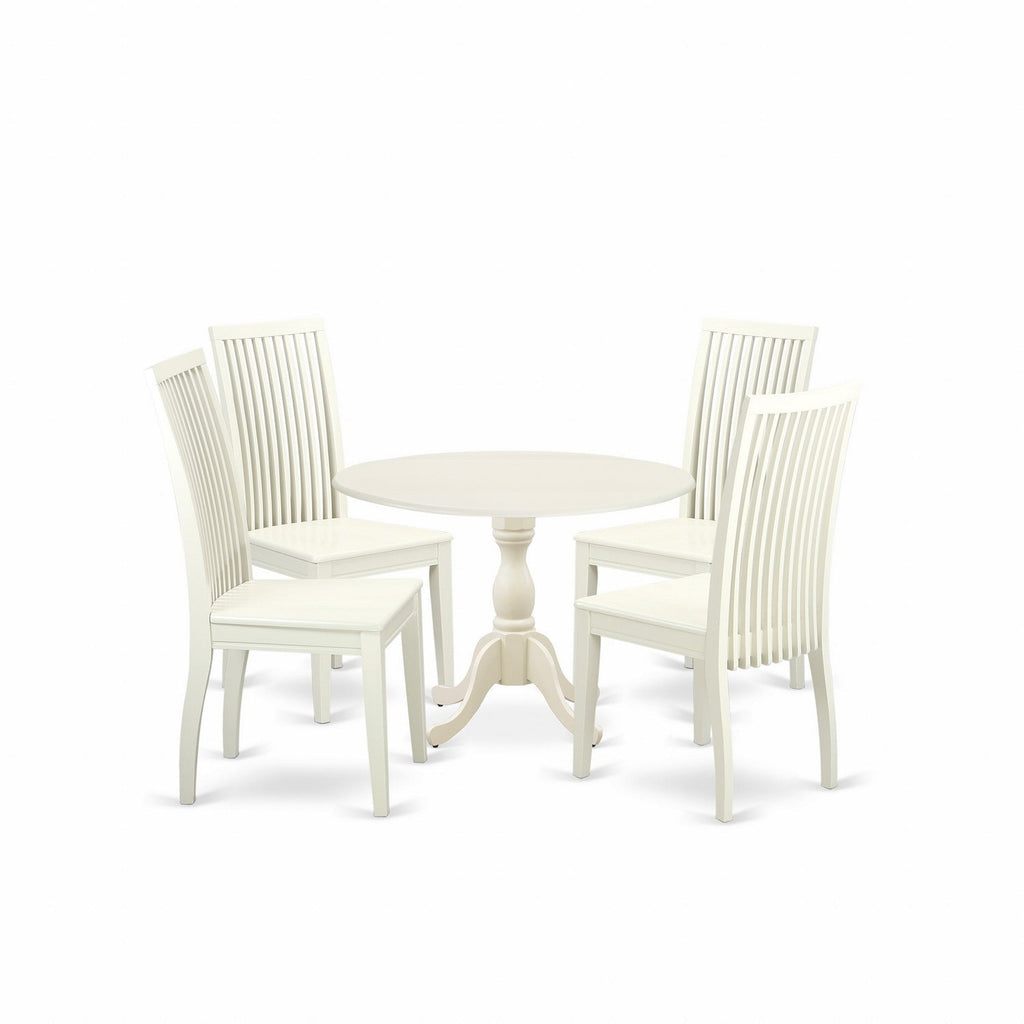 East West Furniture DMIP5-LWH-W 5 Piece Dining Room Furniture Set Includes a Round Kitchen Table with Dropleaf and 4 Dining Chairs, 42x42 Inch, Linen White