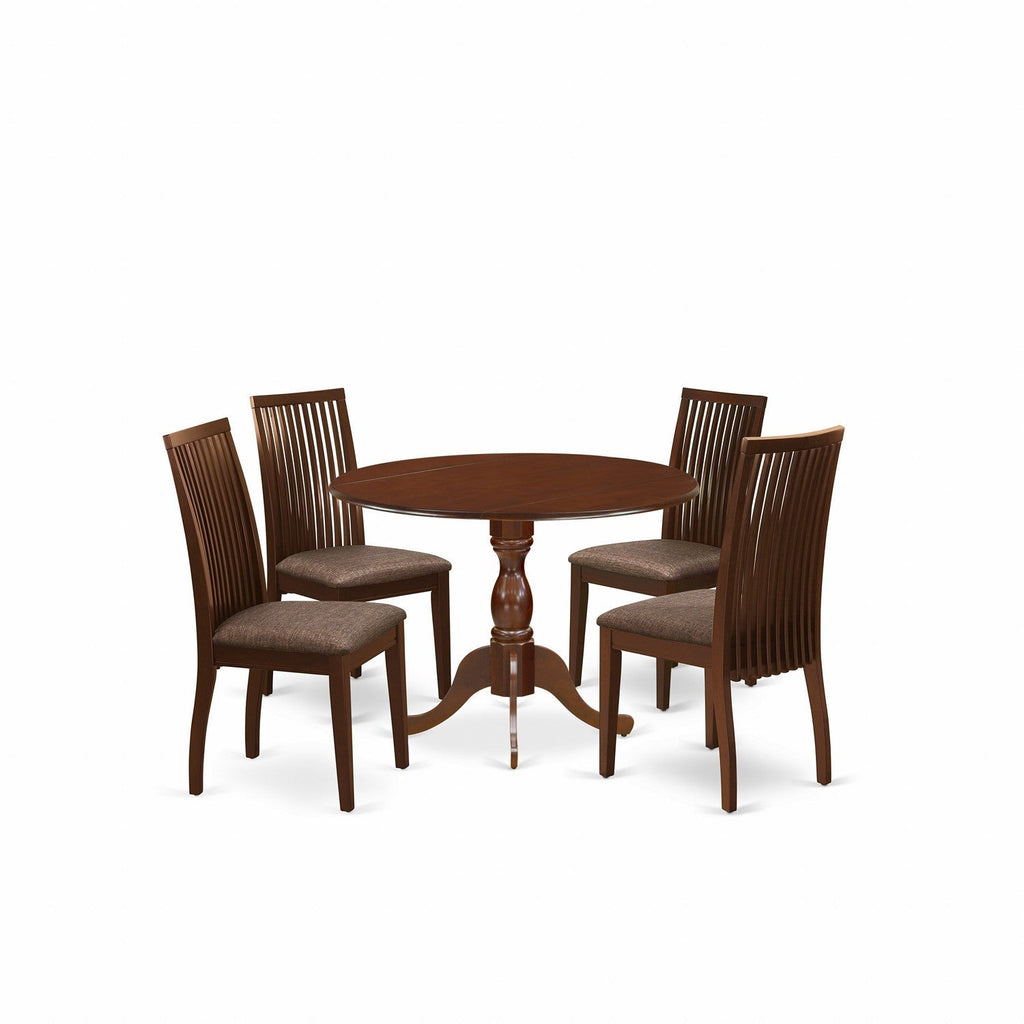 Juego de mesa y sillas de cocina de 5 piezas DMIP5-MAH-C de East West Furniture. Incluye una mesa de comedor redonda con alas abatibles y 4 sillas tapizadas en tela de lino.