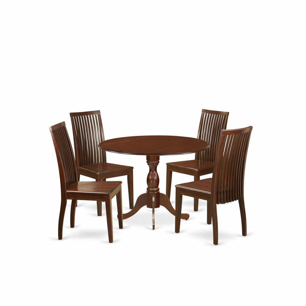 East West Furniture DMIP5-MAH-W 5 Piece Dining Table Set for 4 Includes a Round Kitchen Table with Dropleaf and 4 Kitchen Dining Chairs, 42x42 Inch, Mahogany