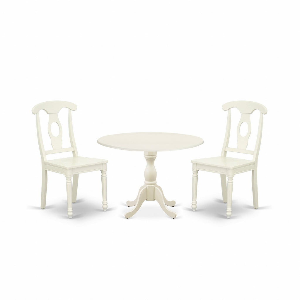Juego de mesa de comedor moderna de 3 piezas DMKE3-LWH-W de East West Furniture. Incluye una mesa redonda de madera con alas abatibles y 2 sillas de comedor de cocina.