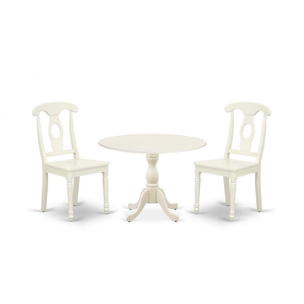 East West Furniture DMKE3-LWH-W 3 Piece Modern Dining Table Set Contains a Round Wooden Table with Dropleaf and 2 Kitchen Dining Chairs, 42x42 Inch, Linen White