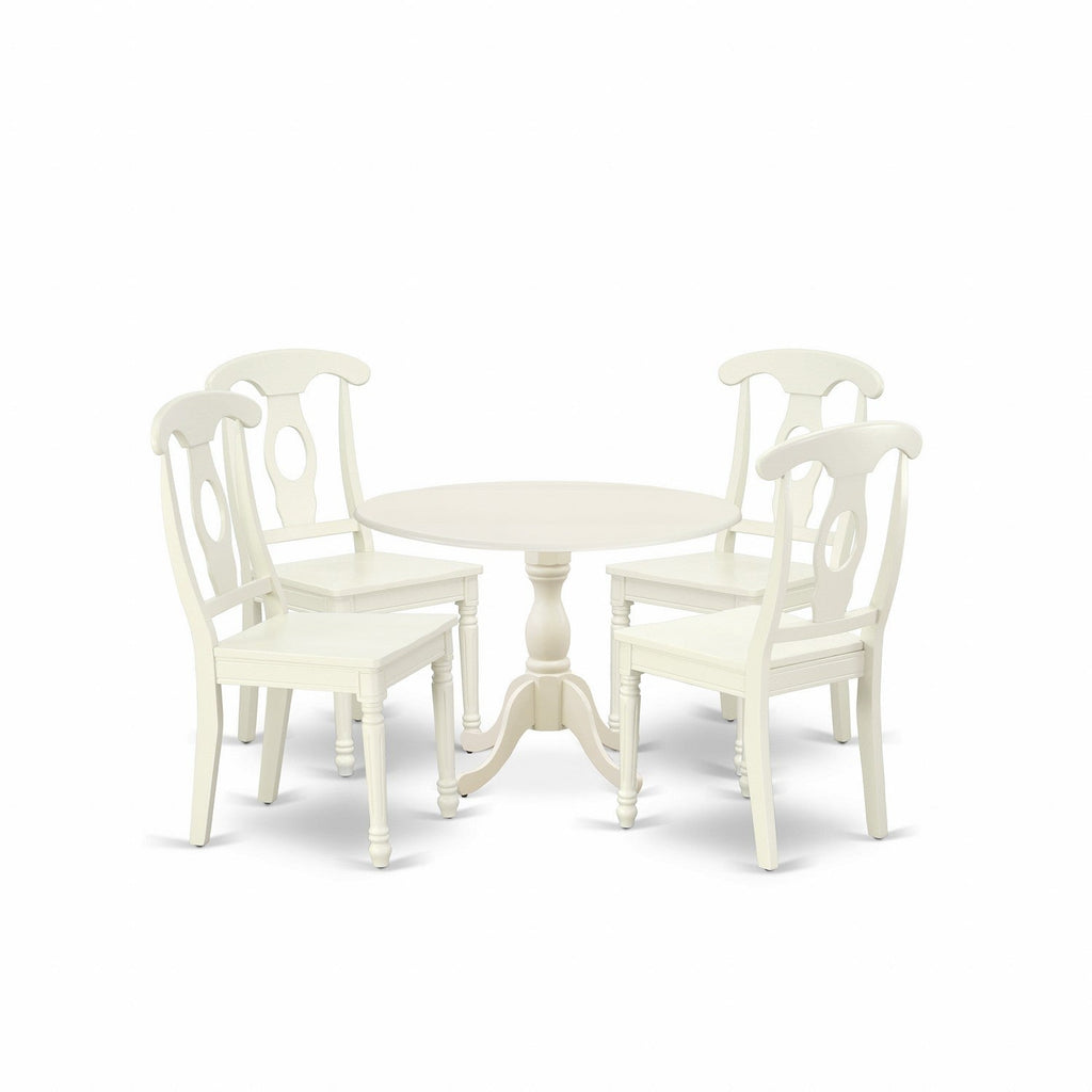 Juego de mesa y sillas de cocina de 5 piezas DMKE5-LWH-W de East West Furniture. Incluye una mesa de comedor redonda con alas abatibles y 4 sillas con asiento de madera maciza.