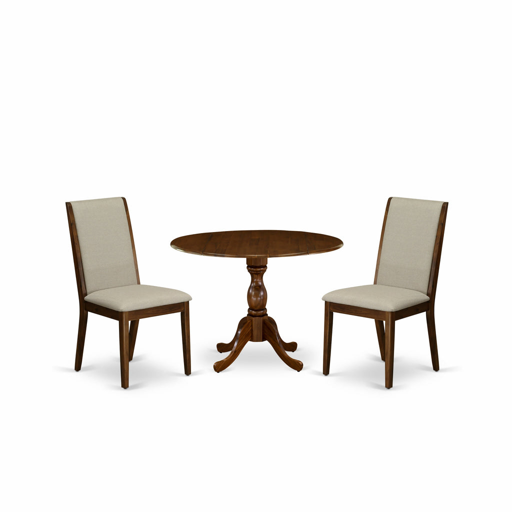 East West Furniture DMLA3-AWA-05 3 Piece Dining Room Furniture Set Contains a Round Dining Table with Dropleaf and 2 Grey Linen Fabric Upholstered Chairs