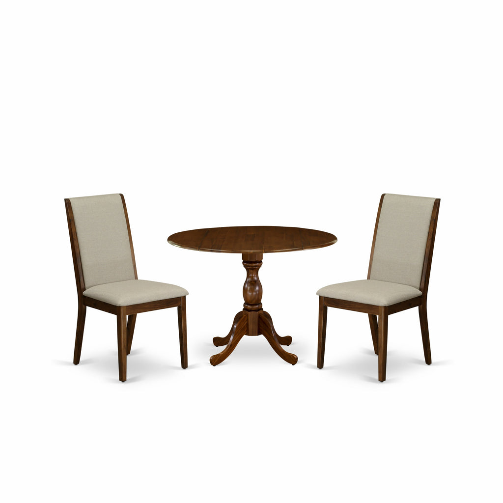 East West Furniture DMLA3-AWA-05 3 Piece Dining Room Furniture Set Contains a Round Dining Table with Dropleaf and 2 Grey Linen Fabric Upholstered Chairs, 42x42 Inch, Walnut