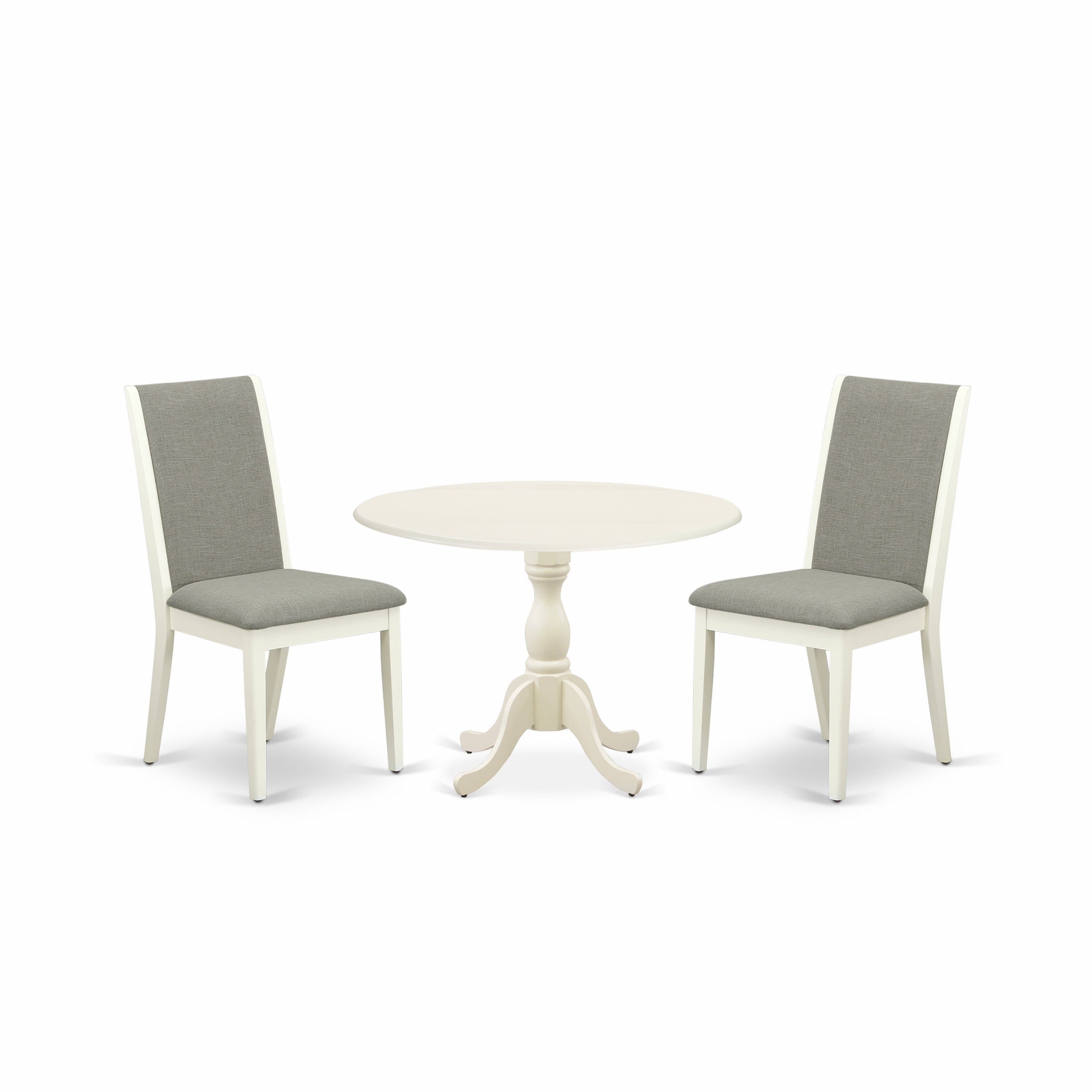 East West Furniture DMLA3-LWH-06 3 Piece Wooden Dining Table Set Includes 1 Drop Leaves Dining Table and 2 Shitake Linen Fabric Upholstered Dining Chair with High Back - linen white Finish