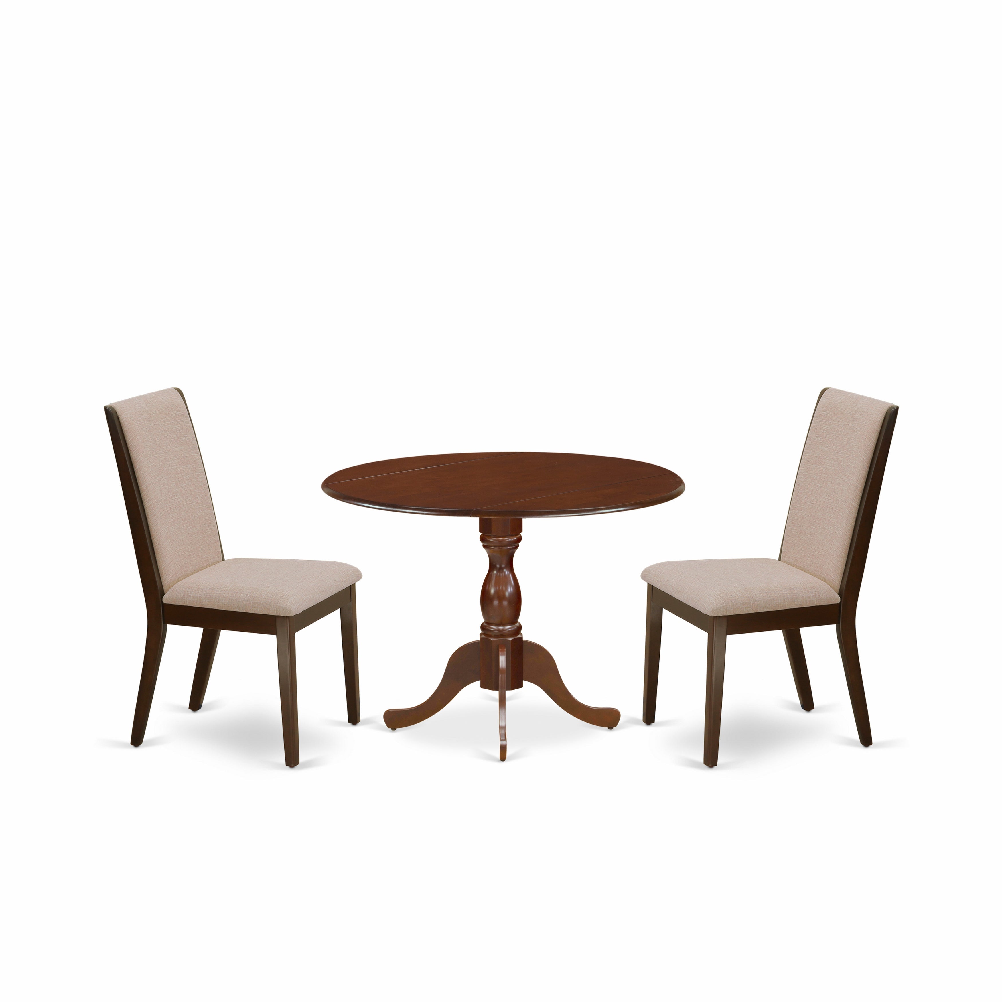East West Furniture DMLA3-MAH-04 3 Piece Dining Set - Mahogany Breakfast Table and 2 Light Tan Linen Fabric Mid Century Dining Chairs with High Back - Mahogany Finish