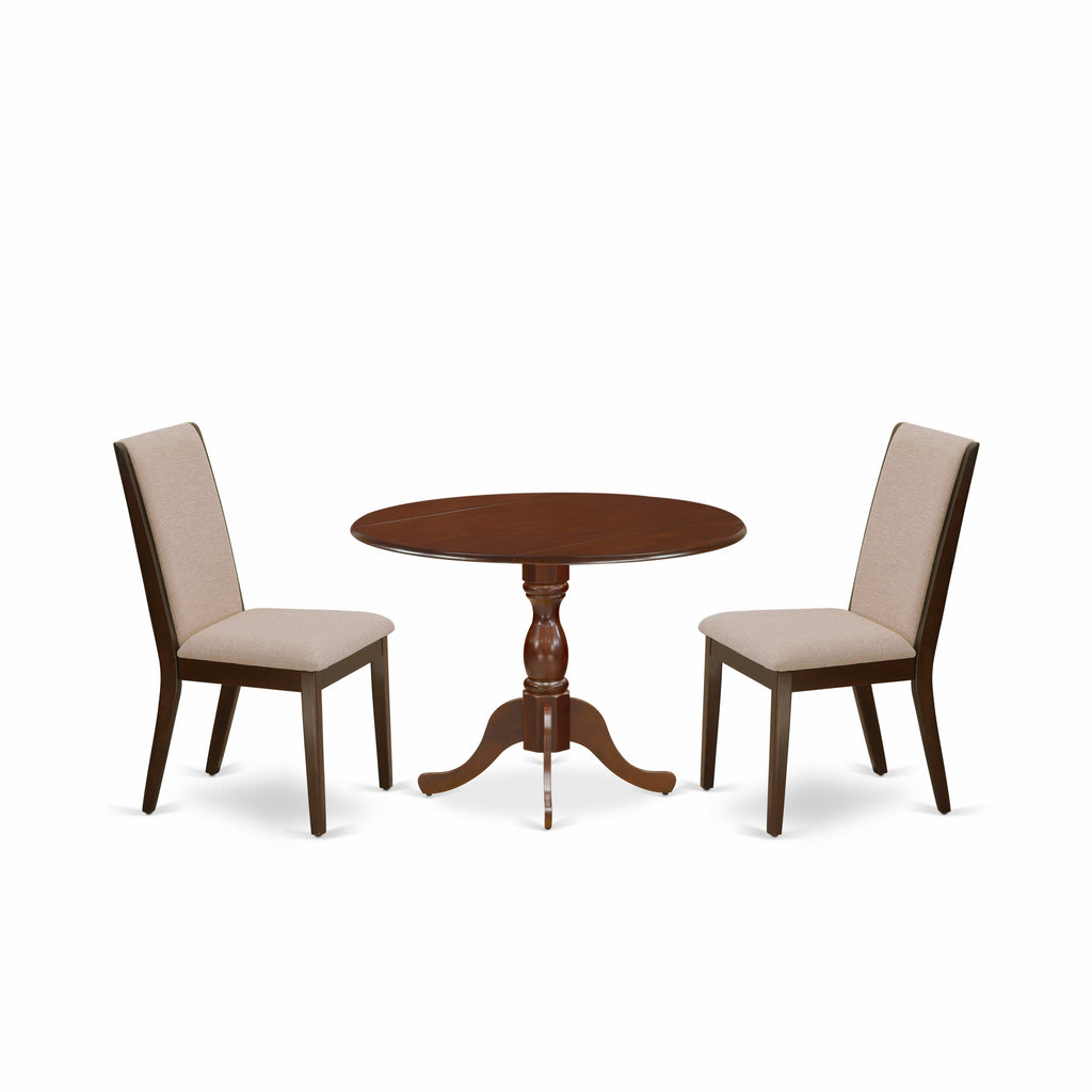 East West Furniture DMLA3-MAH-04 3 Piece Dinette Set for Small Spaces Contains a Round Dining Table with Dropleaf and 2 Light Tan Linen Fabric Upholstered Chairs