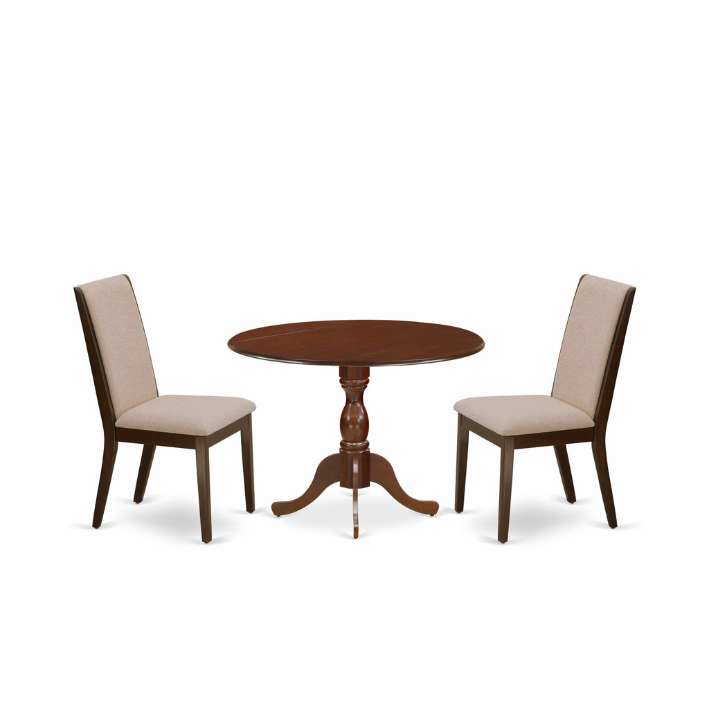 East West Furniture DMLA3-MAH-04 3 Piece Dinette Set for Small Spaces Contains a Round Dining Table with Dropleaf and 2 Light Tan Linen Fabric Upholstered Chairs, 42x42 Inch, Mahogany
