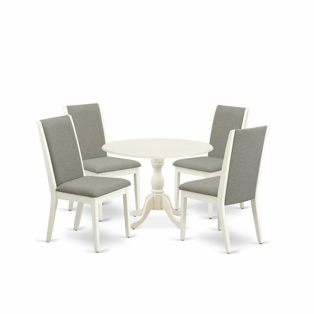 East West Furniture DMLA5-LWH-06 5 Piece Dining Room Furniture Set Includes a Round Dining Table with Dropleaf and 4 Shitake Linen Fabric Upholstered Parson Chairs