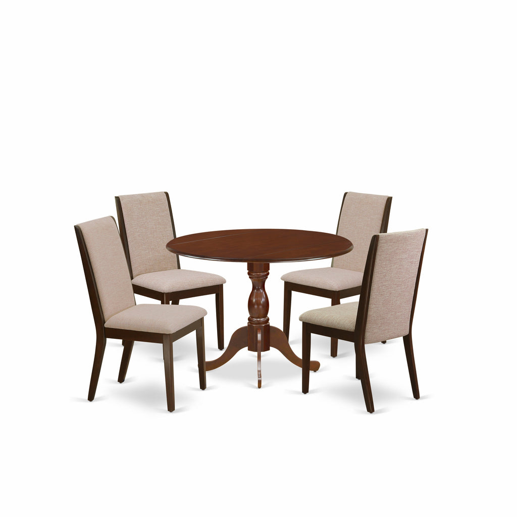 East West Furniture DMLA5-MAH-04 5 Piece Kitchen Table Set for 4 Includes a Round Dining Room Table with Dropleaf and 4 Light Tan Linen Fabric Upholstered Chairs