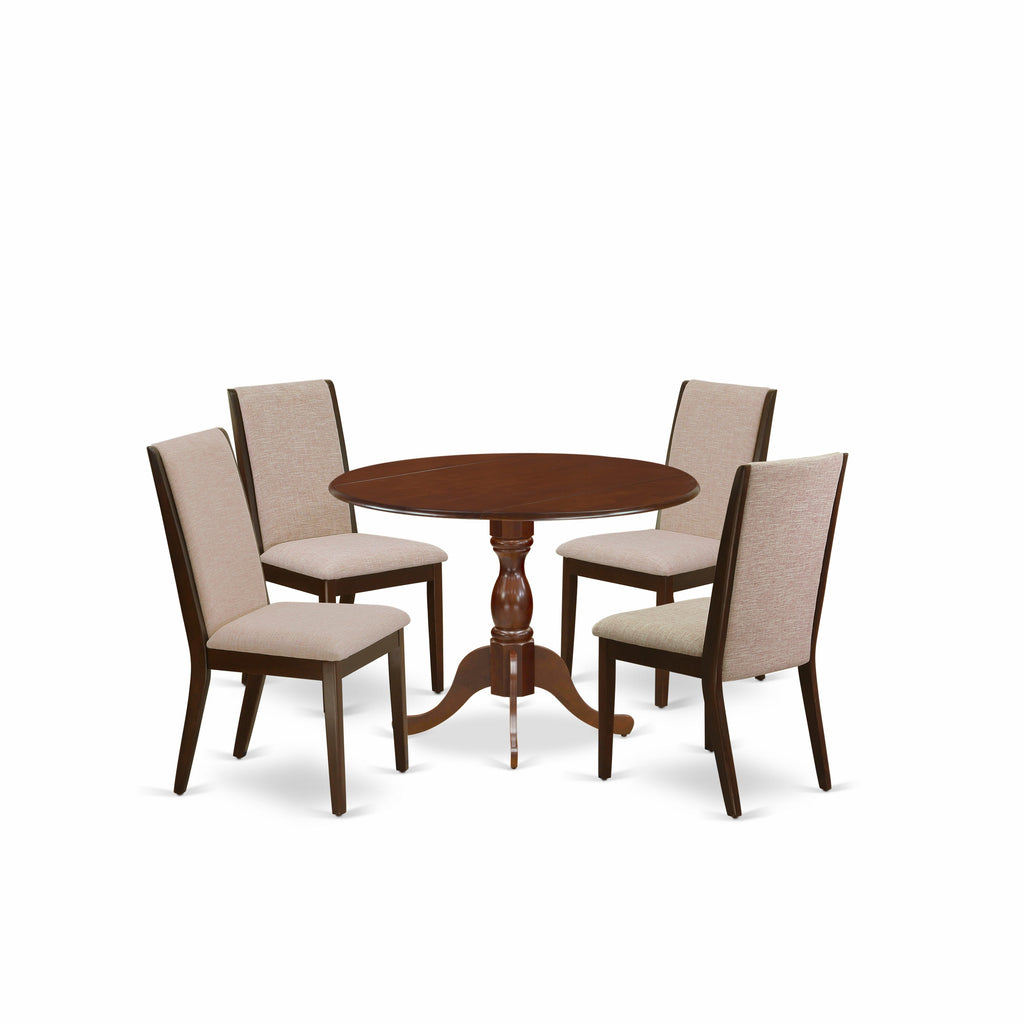 East West Furniture DMLA5-MAH-04 5 Piece Kitchen Table Set for 4 Includes a Round Dining Room Table with Dropleaf and 4 Light Tan Linen Fabric Upholstered Chairs, 42x42 Inch, Mahogany