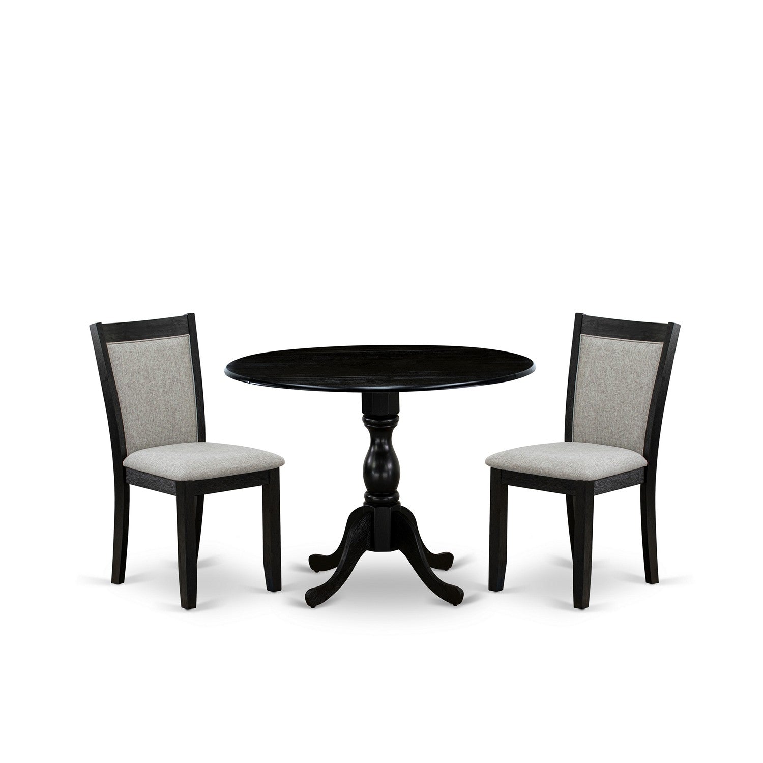 East West Furniture DMMZ3-AB6-06 3-Piece Dining Room Set Includes a Modern Dining Room Table with Drop Leaves and 2 Shitake Linen Fabric Parson Chairs - Wire Brushed Black Finish