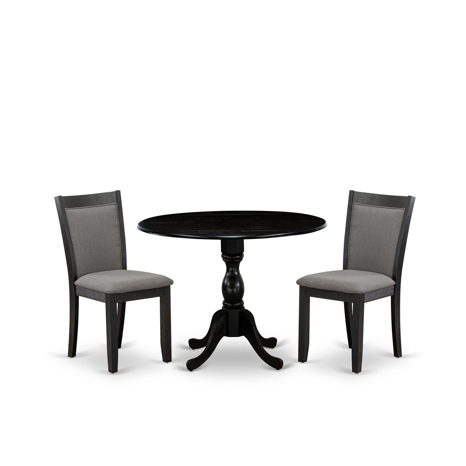 East West Furniture DMMZ3-AB6-50 3-Pc Dinette Set Includes a Wood Dining Table with Drop Leaves and 2 Dark Gotham Grey Linen Fabric Kitchen Chairs - Wire Brushed Black Finish