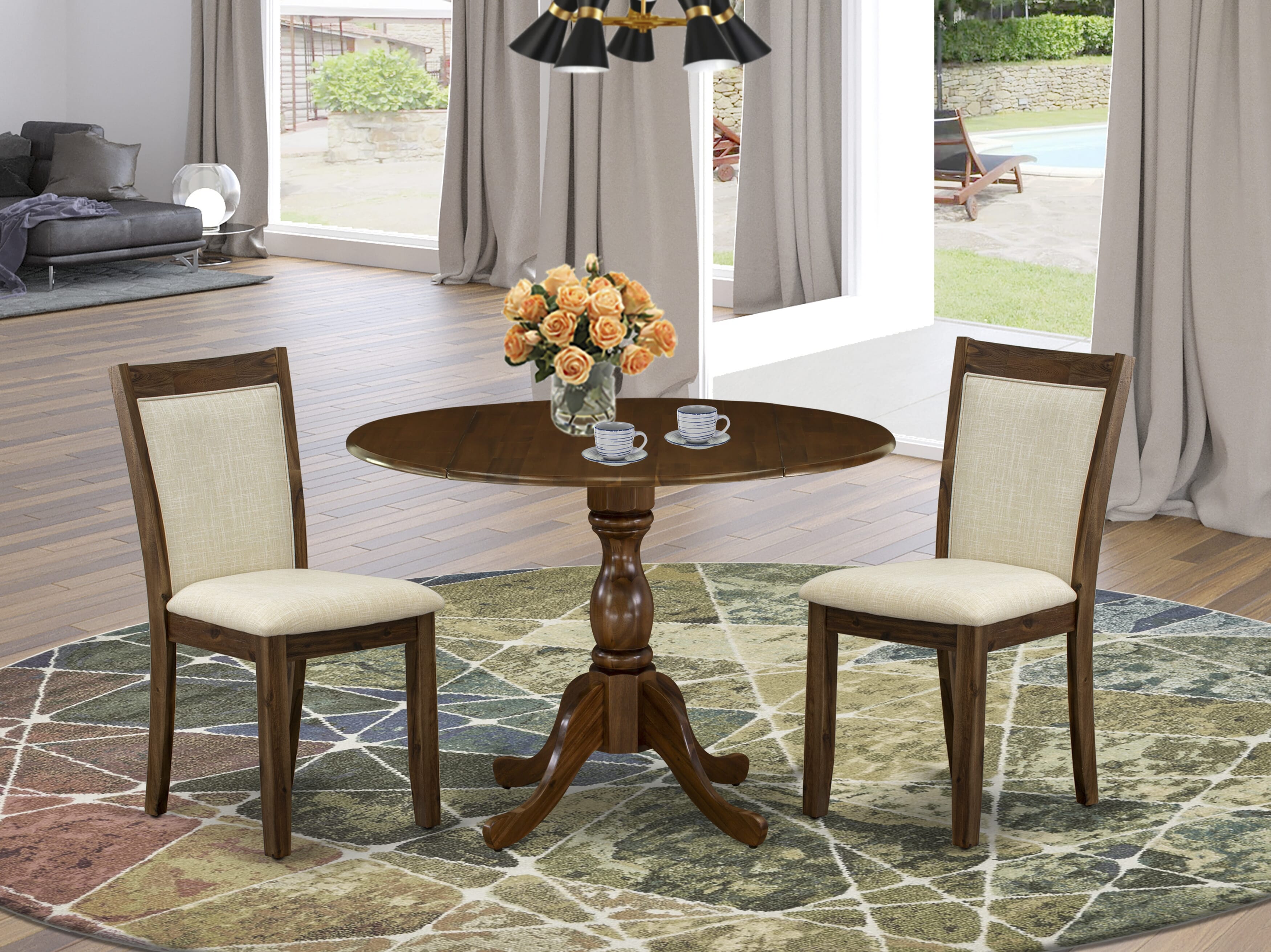East West Furniture DMMZ3-AWN-02 3-Piece Dining Set Includes a Pedestal Table with Drop Leaves and 2 Light Baige Linen Fabric Dining Chairs - Sand Blasting Antique Walnut Finish