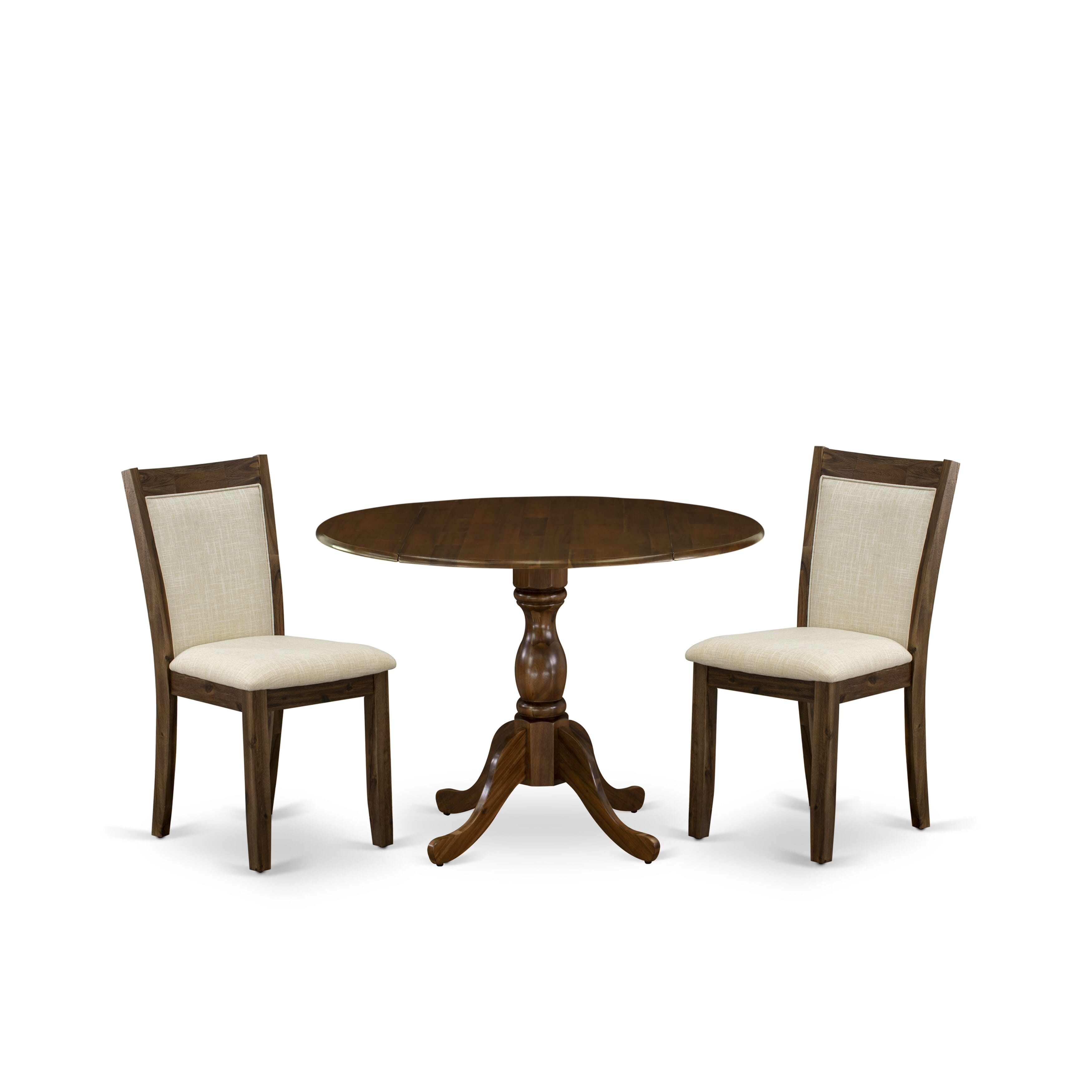 East West Furniture DMMZ3-AWN-02 3-Piece Dining Set Includes a Pedestal Table with Drop Leaves and 2 Light Baige Linen Fabric Dining Chairs - Sand Blasting Antique Walnut Finish