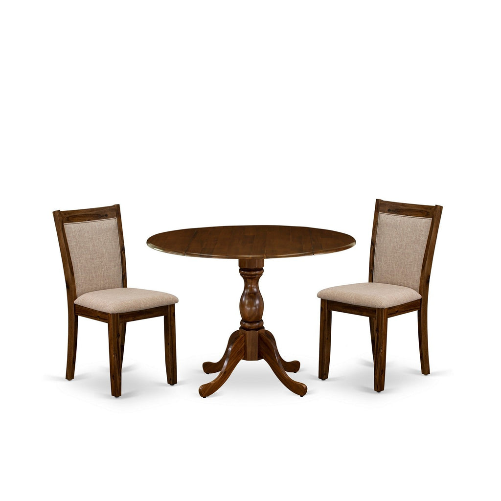 East West Furniture DMMZ3-AWN-04 3 Piece Dining Room Table Set  Contains a Round Dining Table with Dropleaf and 2 Light Tan Linen Fabric Upholstered Chairs