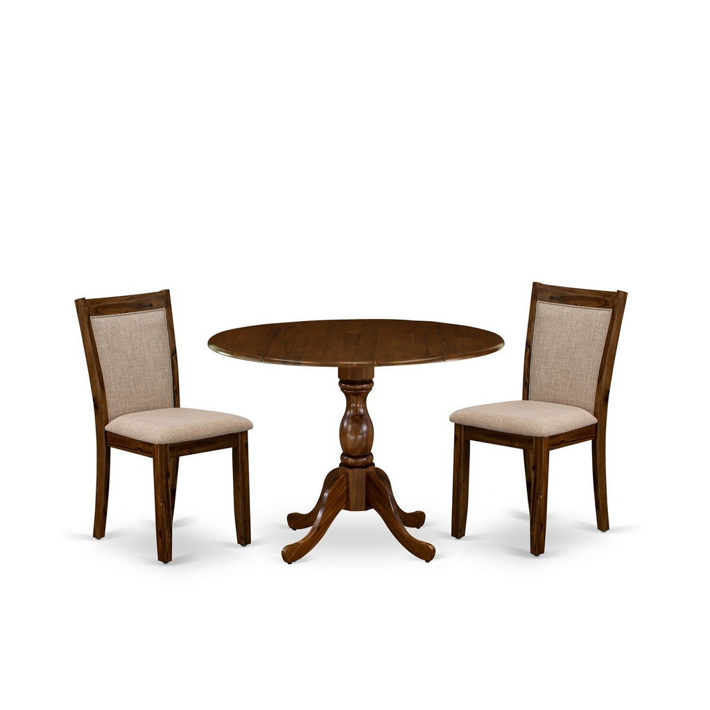 East West Furniture DMMZ3-AWN-04 3 Piece Dining Room Table Set  Contains a Round Dining Table with Dropleaf and 2 Light Tan Linen Fabric Upholstered Chairs, 42x42 Inch, Natural Walnut