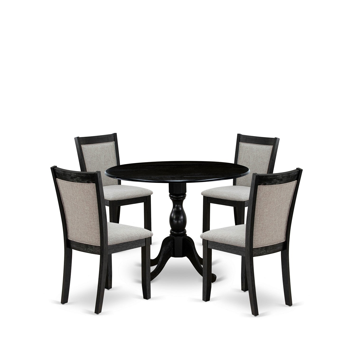 East West Furniture DMMZ5-AB6-06 5-Piece Modern Dining Set Consists of a Pedestal Table with Drop Leaves and 4 Shitake Linen Fabric Kitchen Chairs - Wire Brushed Black Finish