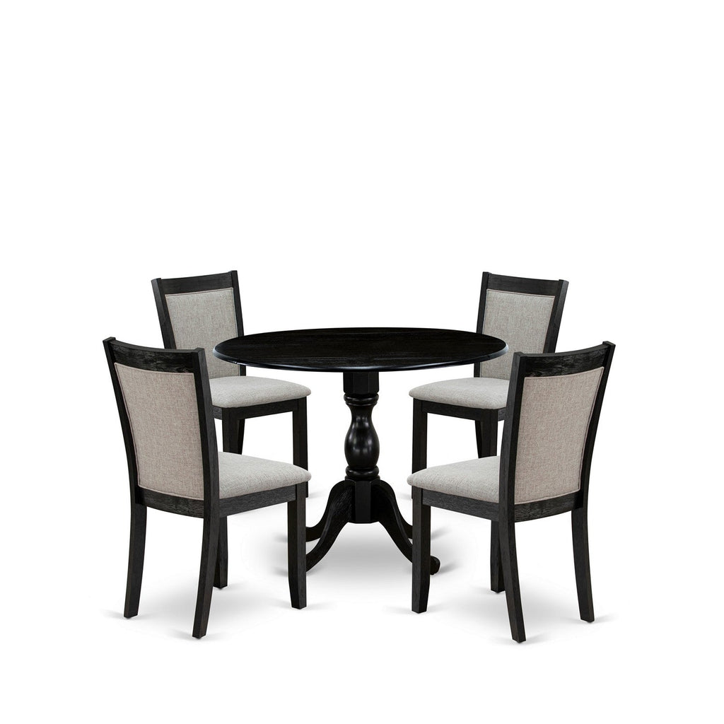 East West Furniture DMMZ5-AB6-06 5 Piece Dining Table Set for 4 Includes a Round Kitchen Table with Dropleaf and 4 Shitake Linen Fabric Parson Dining Chairs, 42x42 Inch, Wirebrushed Black