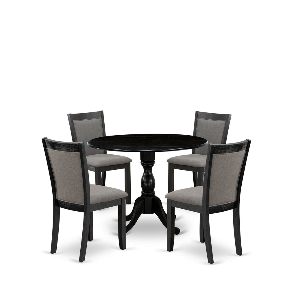 East West Furniture DMMZ5-AB6-50 5 Piece Modern Dining Table Set Includes a Round Wooden Table with Dropleaf and 4 Dark Gotham Grey Linen Fabric Parsons Chairs