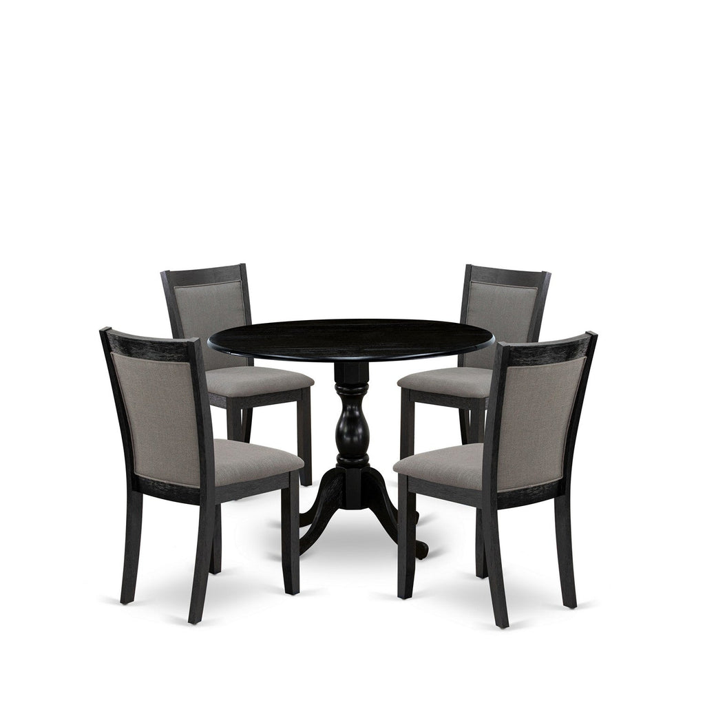 East West Furniture DMMZ5-AB6-50 5 Piece Modern Dining Table Set Includes a Round Wooden Table with Dropleaf and 4 Dark Gotham Grey Linen Fabric Parsons Chairs, 42x42 Inch, Wirebrushed Black