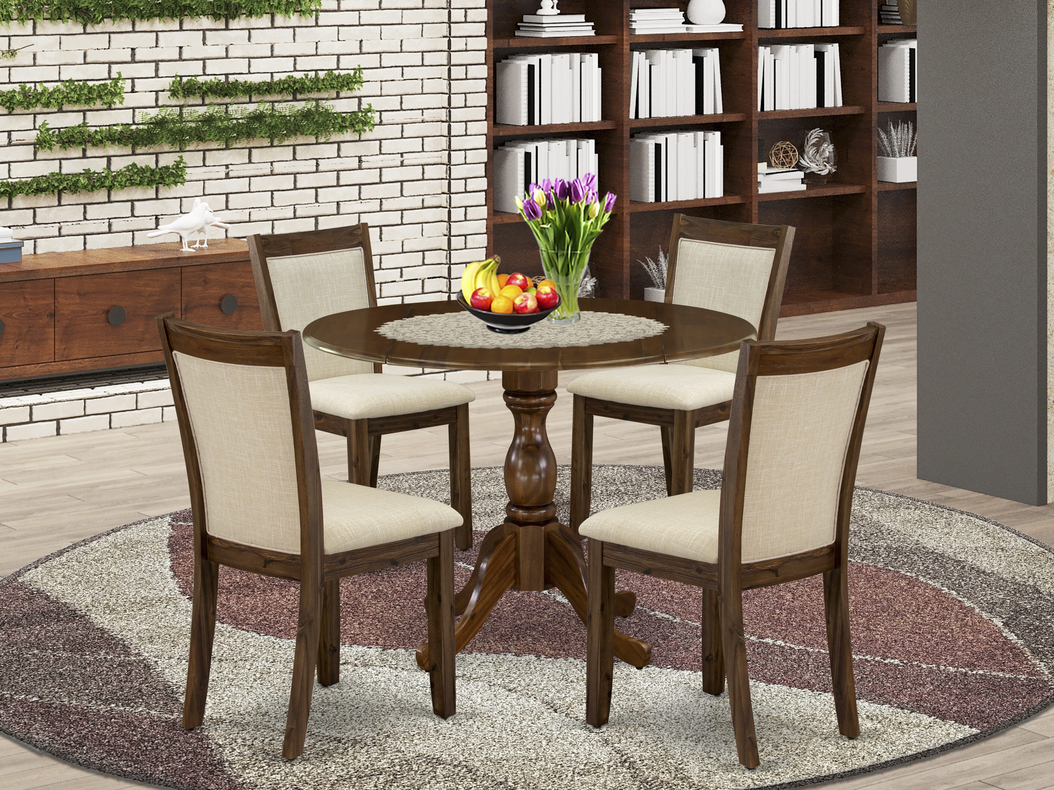 East West Furniture DMMZ5-AWN-02 5-Pc Dining Table Set Includes a Wooden Dining Table and 4 Light Baige Linen Fabric Dining Room Chairs - Sand Blasting Antique Walnut Finish
