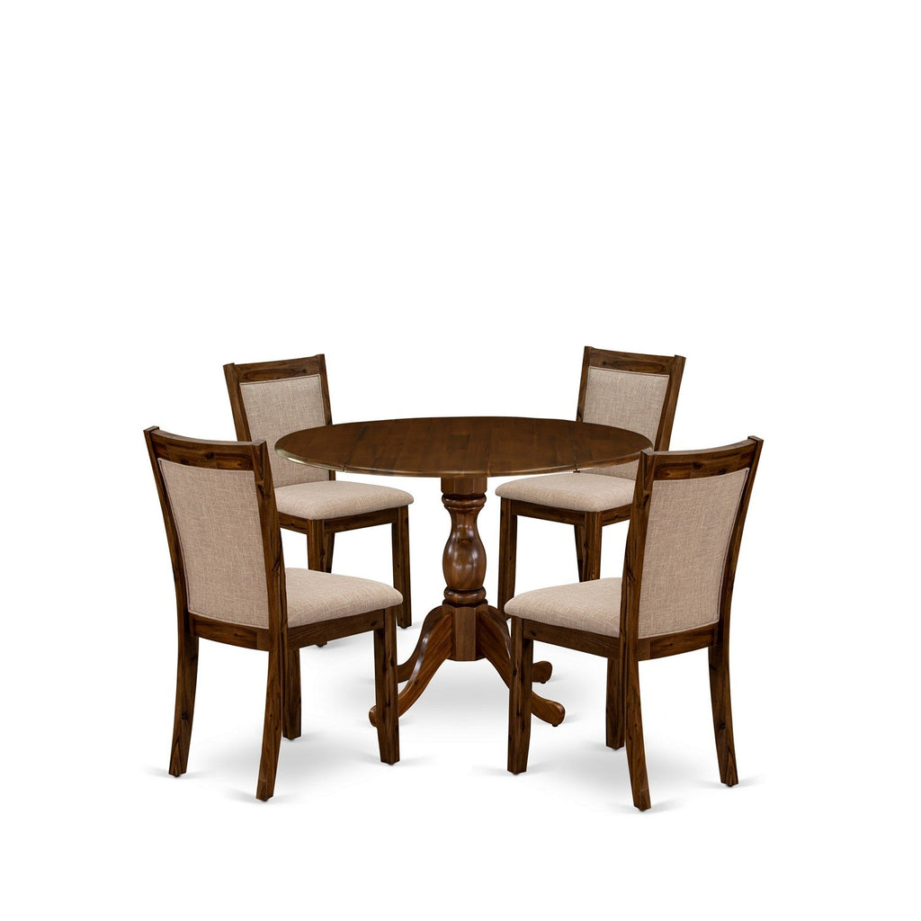 East West Furniture DMMZ5-AWN-04 5 Piece Dinette Set for 4 Includes a Round Dining Table with Dropleaf and 4 Light Tan Linen Fabric Parson Dining Room Chairs, 42x42 Inch, Natural Walnut
