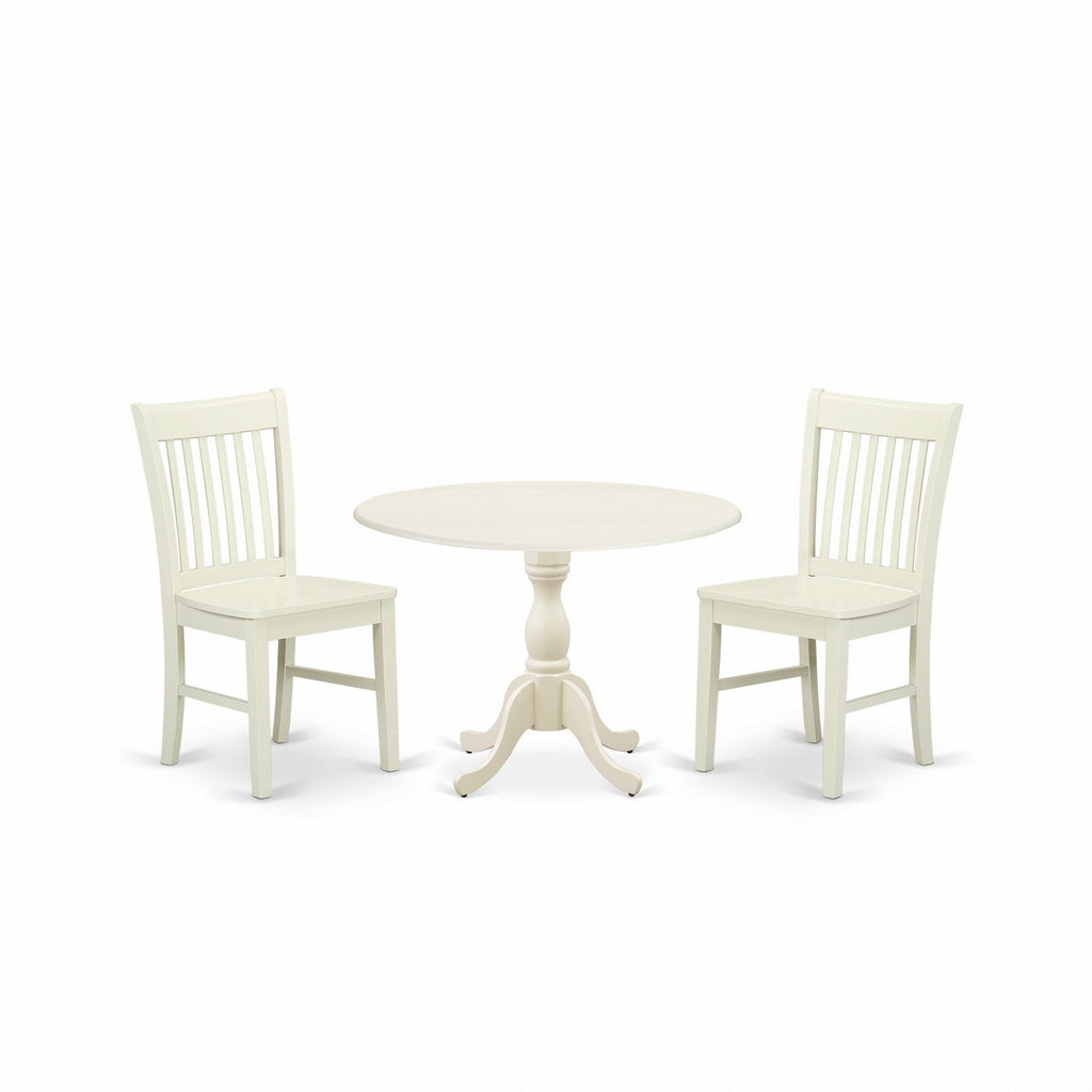 Juego de comedor de 3 piezas DMNF3-LWH-W de East West Furniture. Incluye una mesa de comedor redonda con alas abatibles y 2 sillas de cocina.
