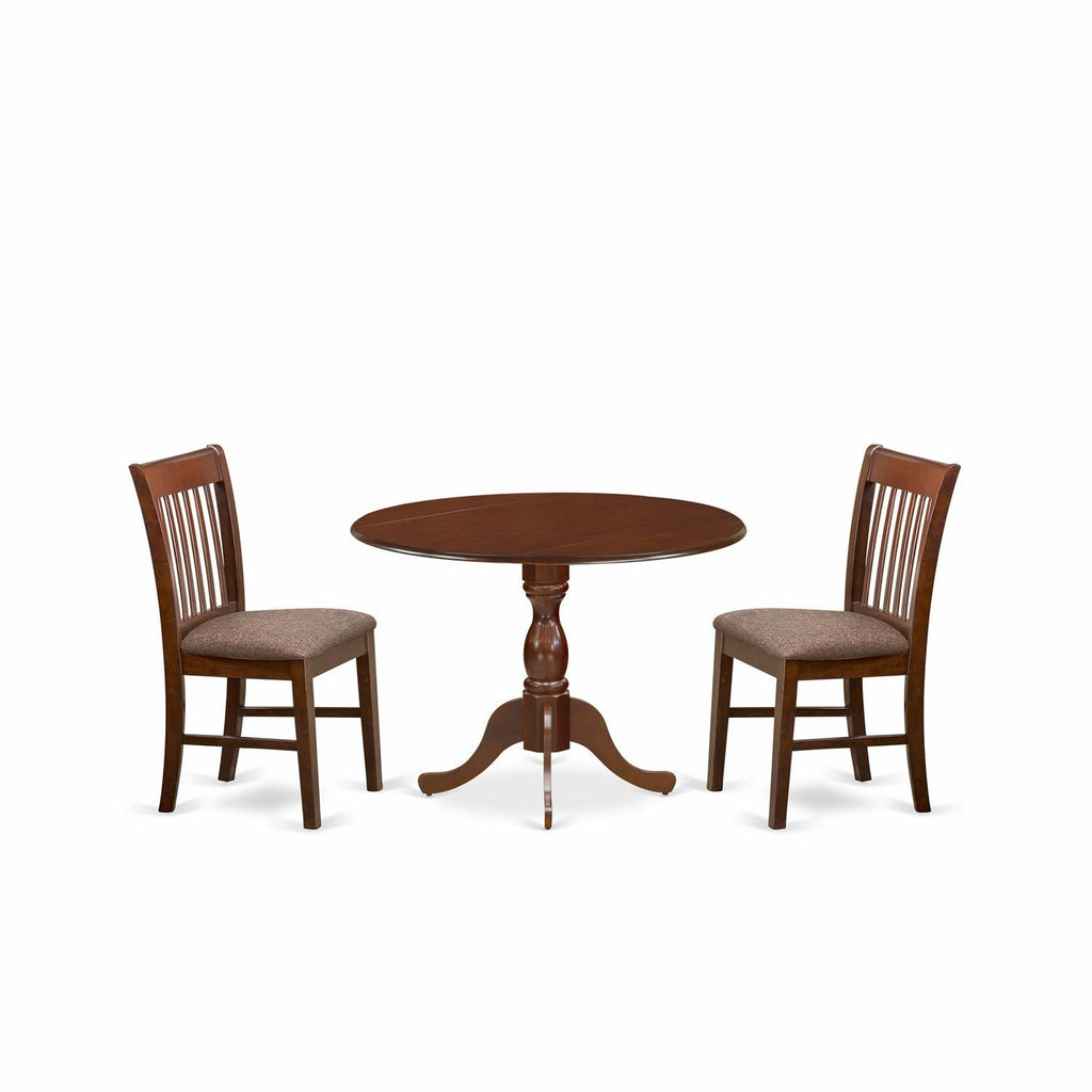 East West Furniture DMNF3-MAH-C 3 Piece Kitchen Table & Chairs Set Contains a Round Dining Table with Dropleaf and 2 Linen Fabric Dining Room Chairs, 42x42 Inch, Mahogany