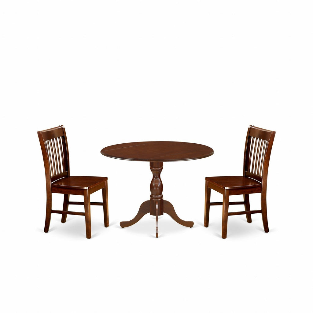 Juego de mesa de comedor de 3 piezas DMNF3-MAH-W de East West Furniture para espacios pequeños. Incluye una mesa de comedor redonda con alas abatibles y dos sillas con asiento de madera.