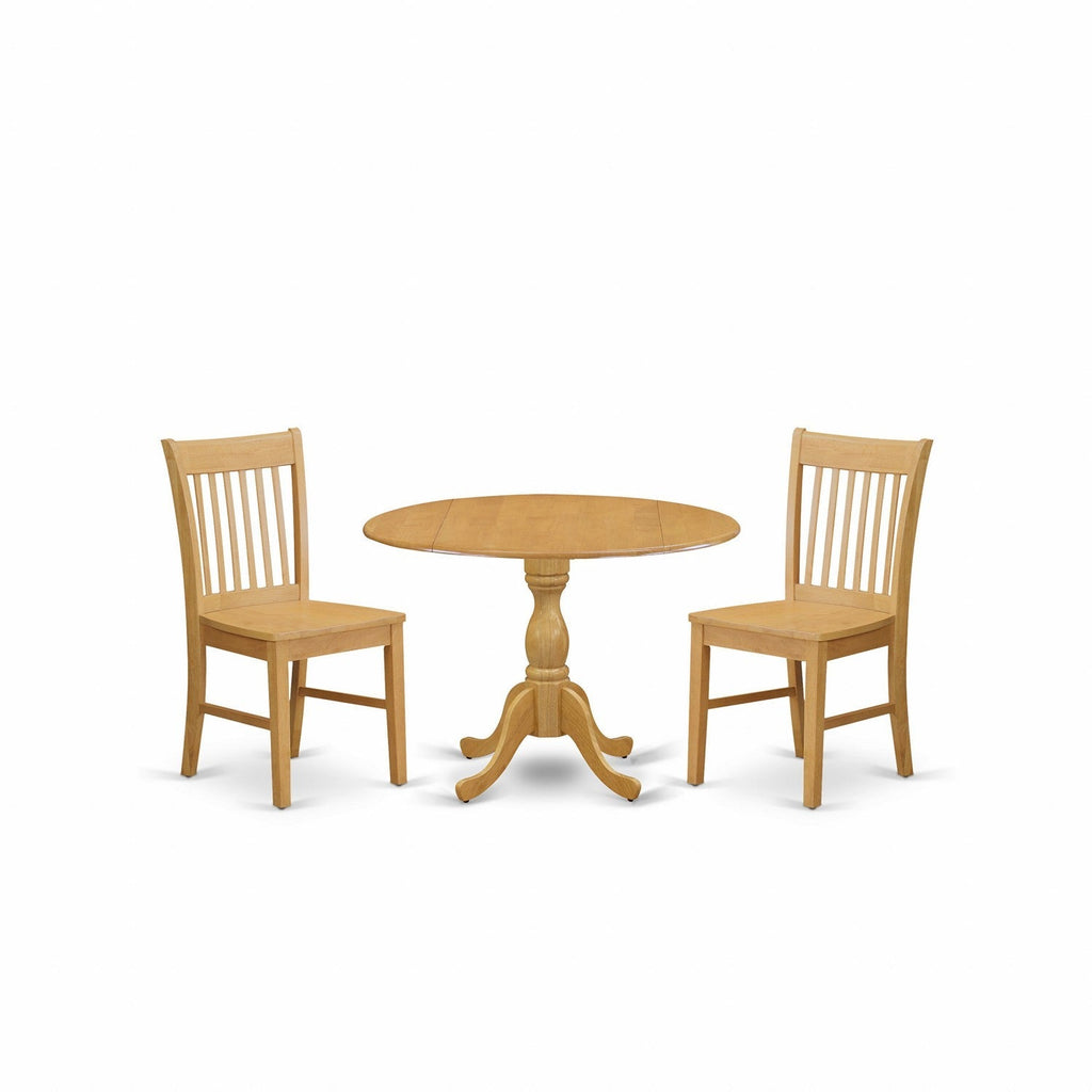 Juego de mesa de comedor moderna de 3 piezas DMNF3-OAK-W de East West Furniture. Contiene una mesa redonda de madera con alas abatibles y 2 sillas de comedor de cocina.