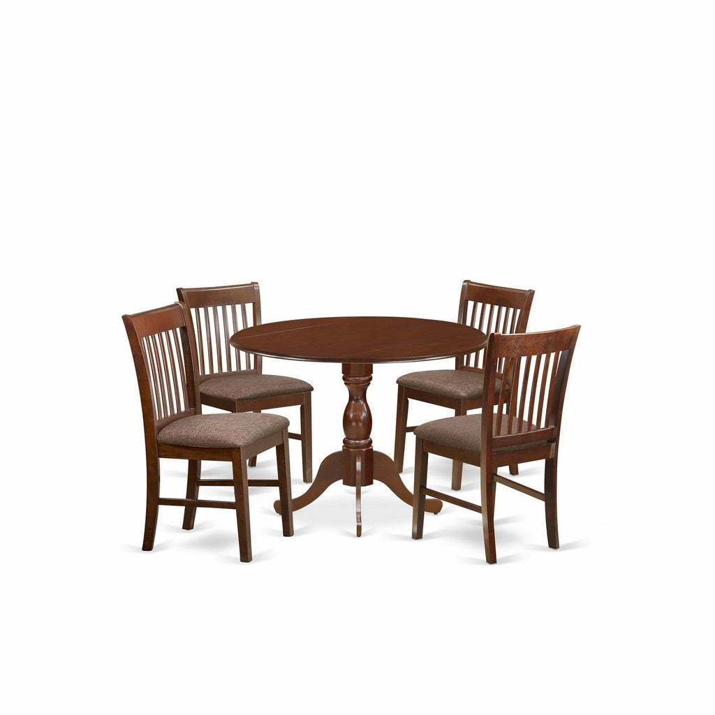 El juego de comedor de 5 piezas DMNF5-MAH-C de East West Furniture incluye una mesa de comedor redonda con alas abatibles y 4 sillas de cocina tapizadas en tela de lino.