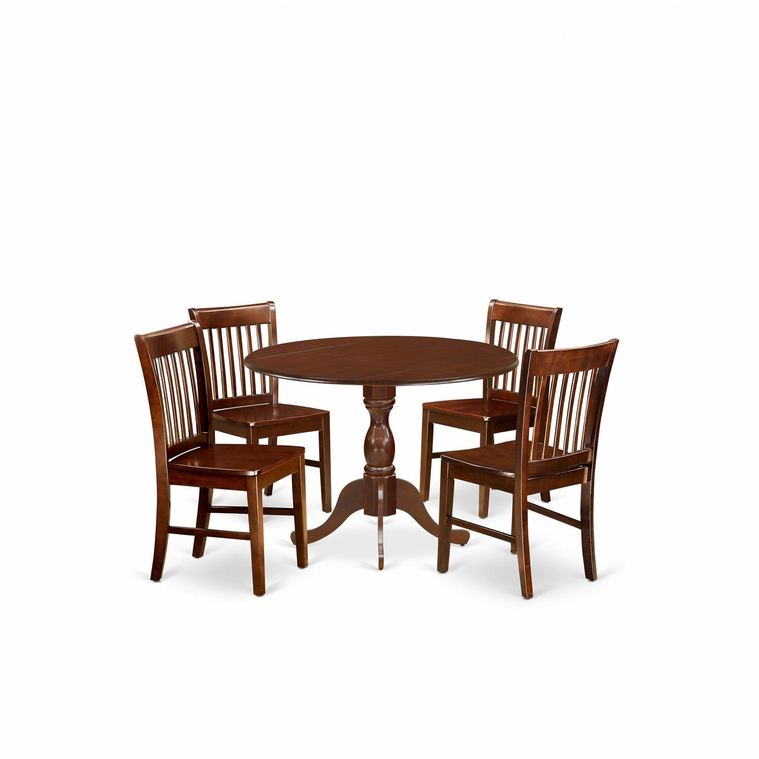 East West Furniture DMNF5-MAH-W 5 Pc Dining Room Table Set - Mahogany Dropleaf Dining Table and 4 Mahogany Dining Chairs with Slatted Back - Mahogany Finish