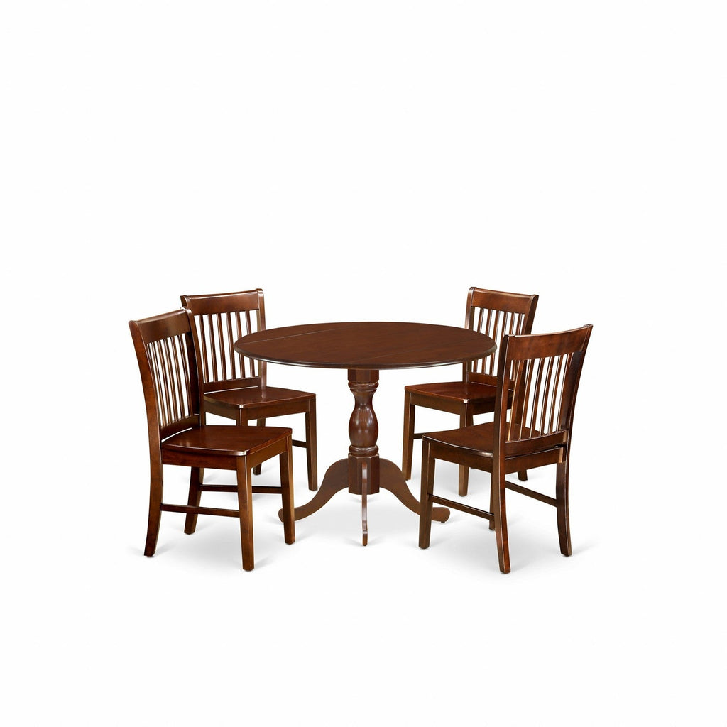 East West Furniture DMNF5-MAH-W 5 Piece Dining Room Furniture Set Includes a Round Kitchen Table with Dropleaf and 4 Dining Chairs
