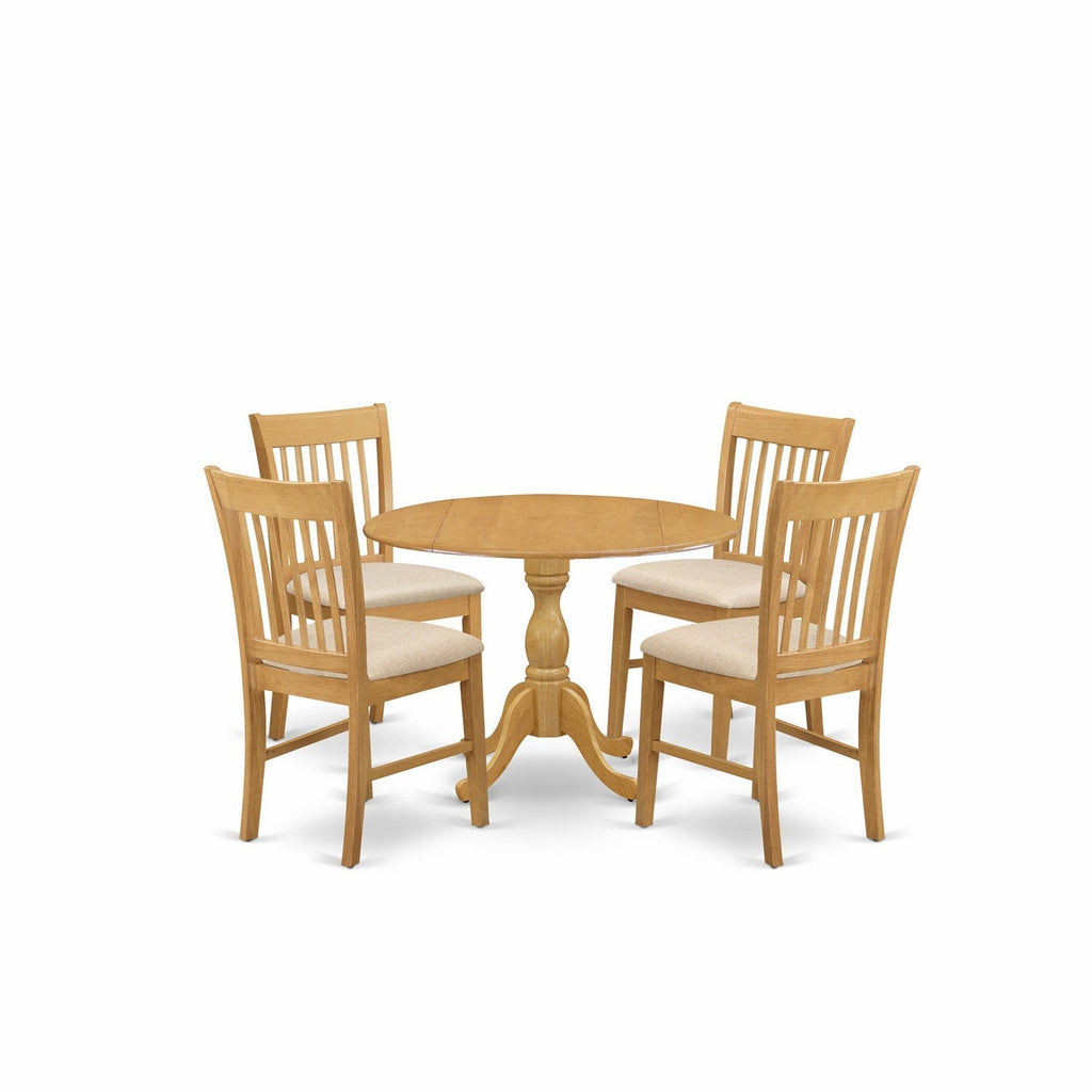 El juego de comedor de 5 piezas DMNF5-OAK-C de East West Furniture incluye una mesa de comedor redonda con alas abatibles y 4 sillas tapizadas en tela de lino.