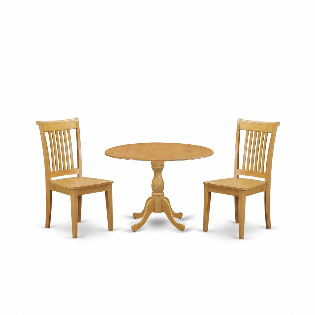 East West Furniture DMPO3-OAK-W 3 Piece Dining Room Furniture Set Contains a Round Kitchen Table with Dropleaf and 2 Dining Chairs, 42x42 Inch, Oak