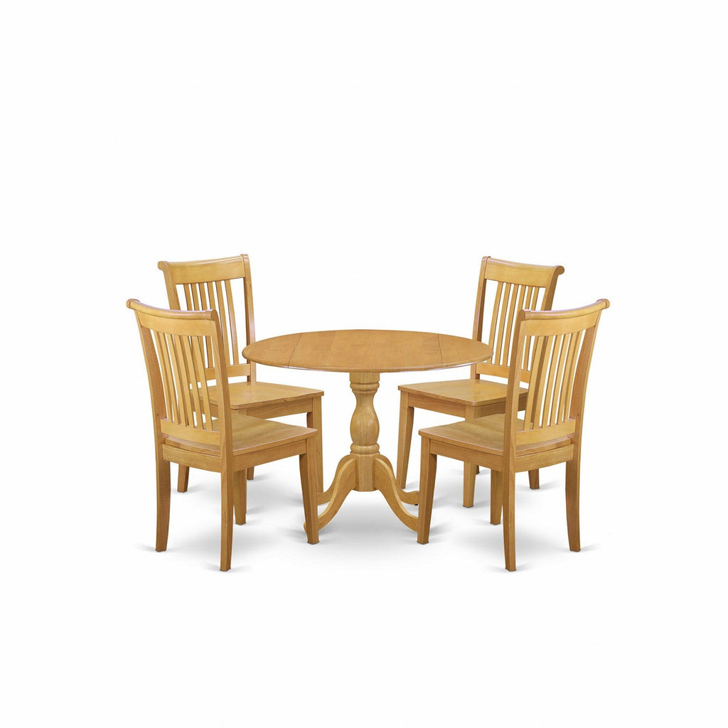 El juego de comedor de 5 piezas DMPO5-OAK-W de East West Furniture incluye una mesa de cocina redonda con alas abatibles y 4 sillas de comedor.