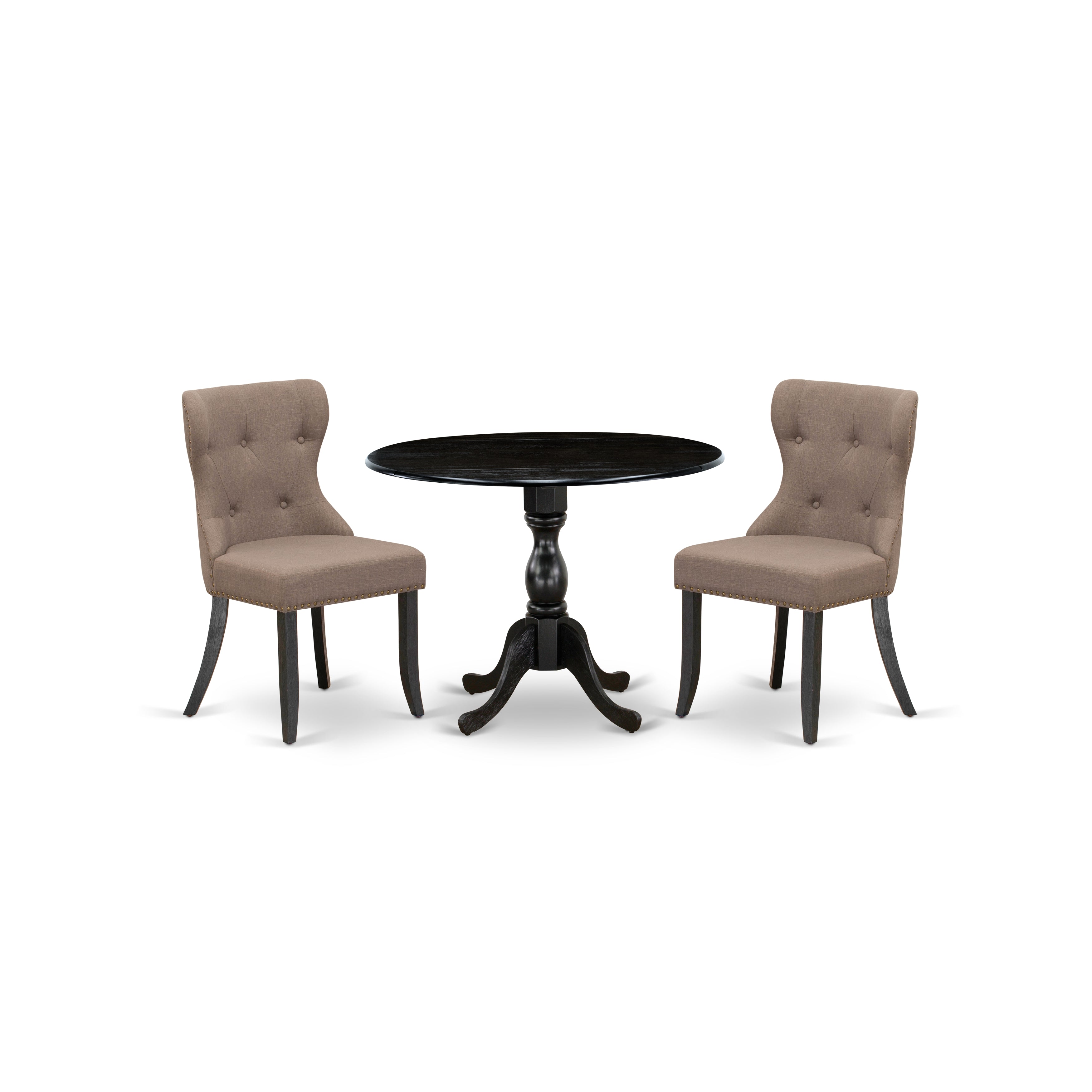 Juego de mesa de comedor de 3 piezas DMSI3-ABK-48 de East West Furniture para espacios pequeños. Incluye una mesa de comedor redonda con alas abatibles y dos sillas Parson de tela de lino color café.