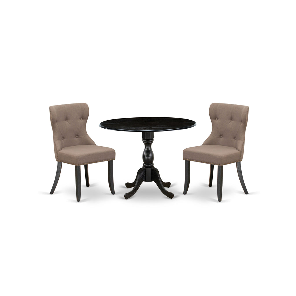 Juego de mesa de comedor de 3 piezas DMSI3-ABK-48 de East West Furniture para espacios pequeños. Incluye una mesa de comedor redonda con alas abatibles y dos sillas Parson de tela de lino color café.