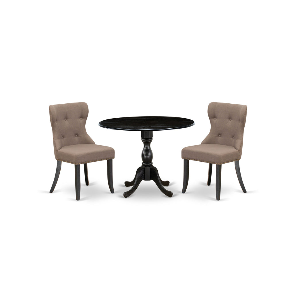 East West Furniture DMSI3-ABK-48 3 Piece Dining Table Set for Small Spaces Contains a Round Dining Room Table with Dropleaf and 2 Coffee Linen Fabric Parson Chairs, 42x42 Inch, Wirebrushed Black