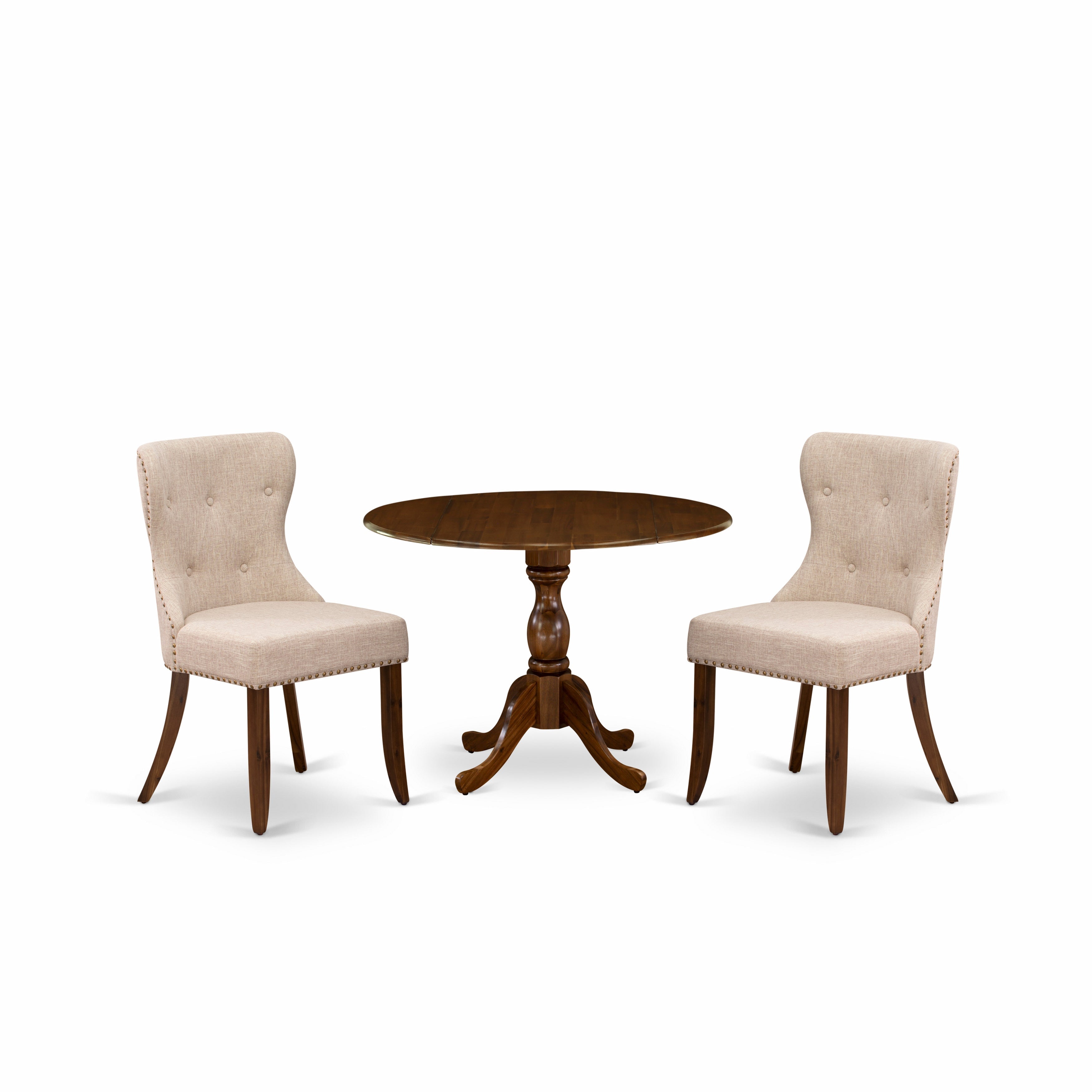 East West Furniture DMSI3-AWA-04 3 Piece Dining Table Set Includes 1 Drop Leaves Wooden Table and 2 Light Tan Linen Fabric Dinning Chairs Button Tufted Back Linen white Nail Heads - Acacia Walnut Finish